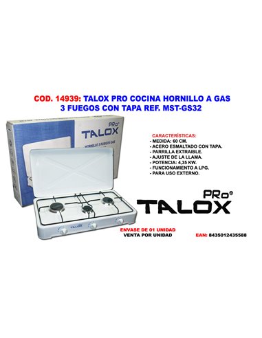 TALOX PRO COCINA HORNILLO A GAS 3 FUEGOS CON TAPA MST-GS32