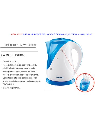 CRENA HERVIDOR DE LIQUIDOS CK-8901  1,7 LITROS  1850-2200 W