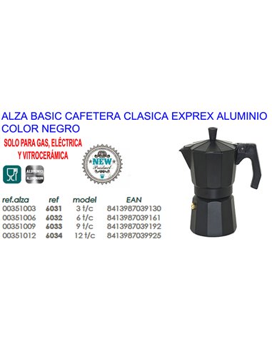 ALZA BASIC CAFETERA CLASICA EXPRES ALUMINIO NEGRA   3 TAZAS6031