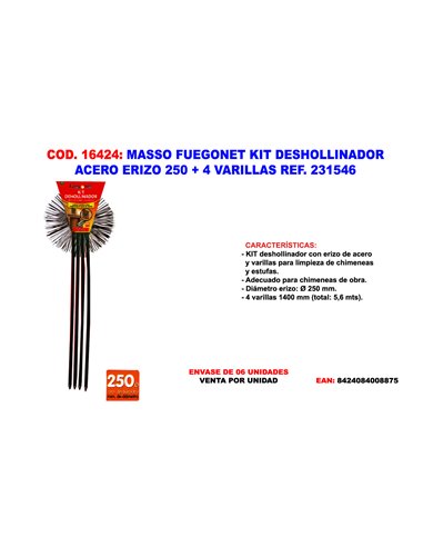 MASSO FUEGONET KIT DESHOLLINADOR ACERO ERIZ 250+4VARILLAS 231546