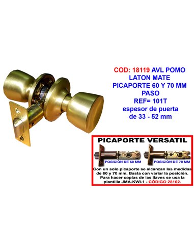 AVL POMO LATON MATE PICAPORTE 60 Y 70 MM PASO101T