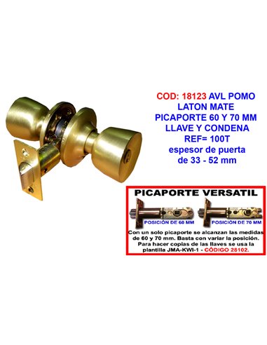 AVL POMO LATON MATE PICAPORTE 60 Y 70 MM LLAVE Y CONDENA100T