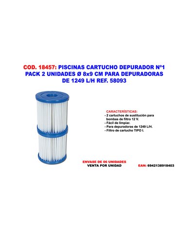 PISCINAS CARTUCHO DEPURADOR N12UND�-8,0x9,0CM 1249 L/H58093