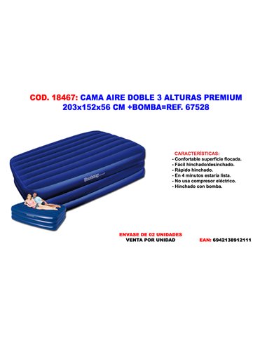 CAMA AIRE DOBLE 3 ALTURAS PREMIUM 203x152x56+BOMBA 67528