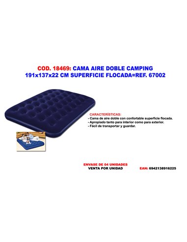 COLCHON CAMA AIRE DOBLE CAMPING 191x137x22 FLOCADA67002