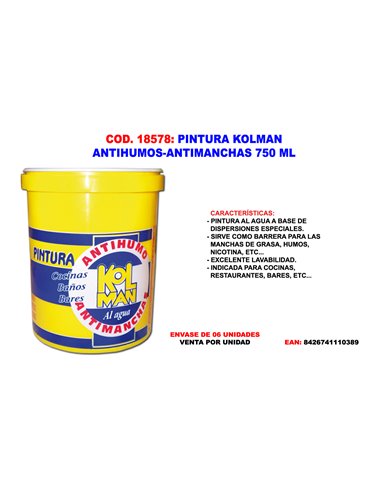 PINTURA KOLMAN ANTIHUMOS-ANTIMANCHAS-GRASA AL AGUA BLANCA 750 ML