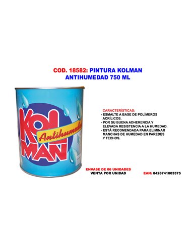 PINTURA KOLMAN ANTIHUMEDAD AL DISOLVENTE BLANCO 750 ML.