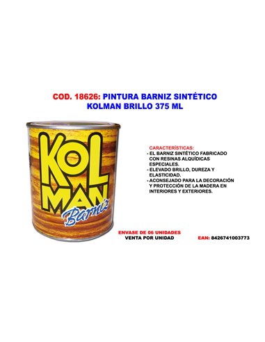 PINTURA BARNIZ SINTETICO KOLMAN BRILLO 375 ML.