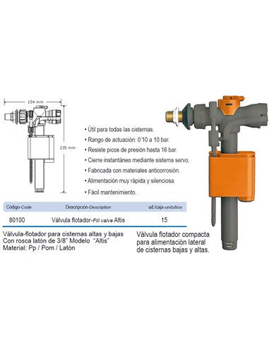 PRHIE VALVULA FLOTADOR LATERAL CISTERNA ALTA/BAJA ALTIS80100 