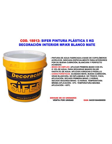 SIFER PINTURA PLASTICA 5 KG PARED Y TECHO INTERIOR BLANCO MATE