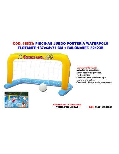 PISCINAS JUEGO PORTERIA WATERPOLO FLOTANTE 137x64+BALON52123B