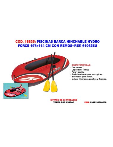 PISCINAS BARCA HINCHABLE HYDRO FORCE 197x114CM CON REMOS61062EU