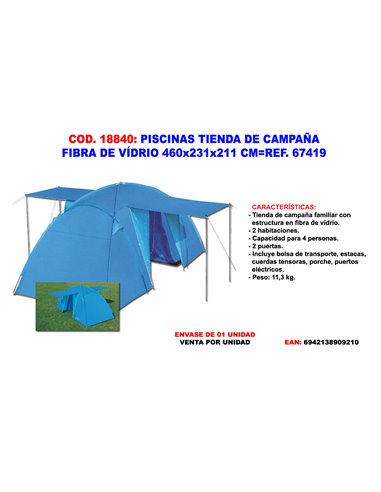 PISCINAS TIENDA DE CAMPA�A FIBRA DE VIDRIO 460x231x211 CM67419