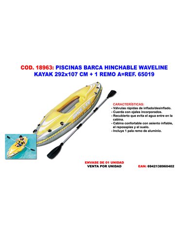 PISCINAS BARCA HINCHABLE WAVELINE KAYAK 292x107CM+1 REMO A65019