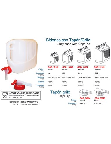 TAYG BIDON PLASTICO   5 LT.C/GRIFO APTO USO ALIMENTARIO601361