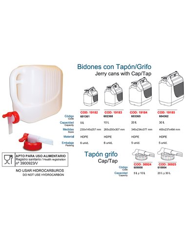 TAYG BIDON PLASTICO 10 LT.C/GRIFO APTO USO ALIMENTARIO602368