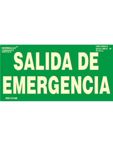 NORMALUZ SE�AL LUMINISCENTE "SALIDA EMERGENCIA" 30x15  RD13106