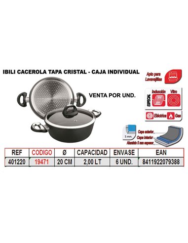 IBILI FINSTOCK CACEROLA  20 TAPA CRISTAL- CAJA INDIVIDUAL 401220