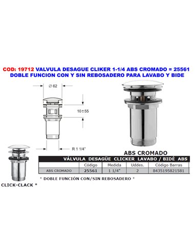 VALVULA DESAGUE CLIKER 1-1/4 EN ABS CROMADO LAVABO/BIDE25561