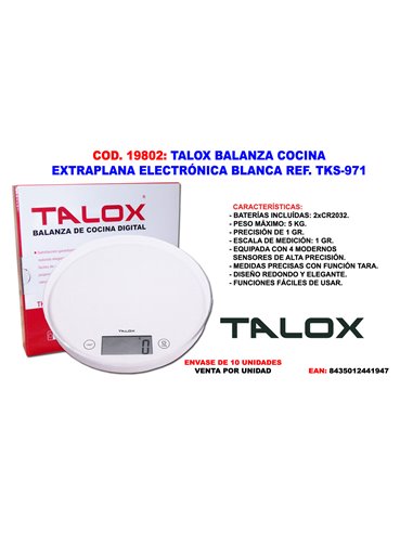 TALOX BALANZA COCINA EXTRAPLANA ELECTRO BLAN 1 GR A 5 KGTKS-971