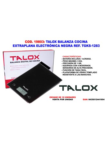 TALOX BALANZA COCINA EXTRAPLANA ELECTRO NEGR 1GR A 5KG TGKS-1283