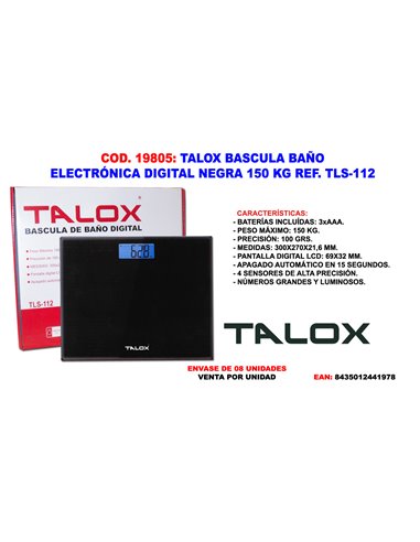 TALOX BASCULA BA�O ELECTRONICA DIGITAL NEGRA 150 KG TLS-112