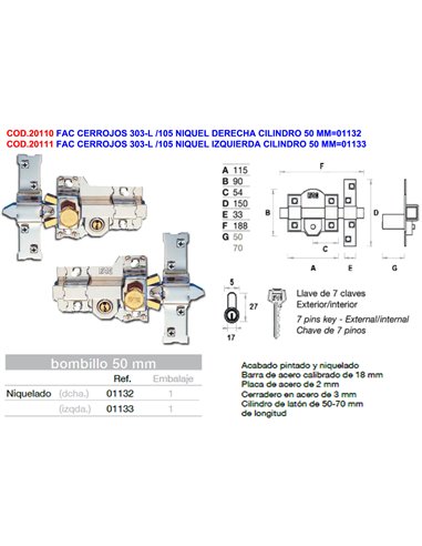 FAC CERROJOS 303-L / 115 NIQUEL IZQUIERDA CILINDRO 50 MM01133