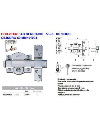 FAC CERROJOS   50-R /  80 NIQUEL CILINDRO 50 MM01004