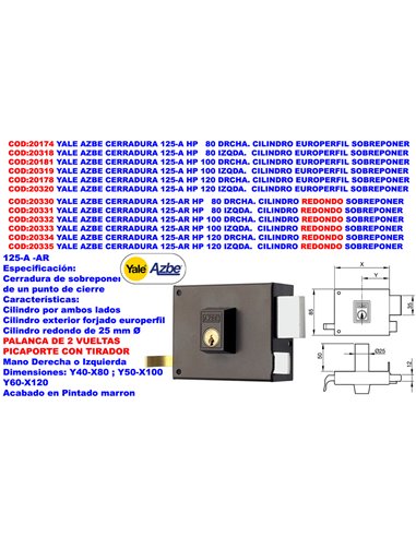 YALE AZBE CERRADURA   125 A    HP   80 SOBREPONER DCHA.PALA+RESB