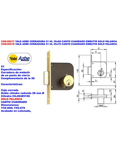 YALE AZBE CERRADURA     51 HL 35x60 C/CUADRA.EMBUTIR SOLO PALANC