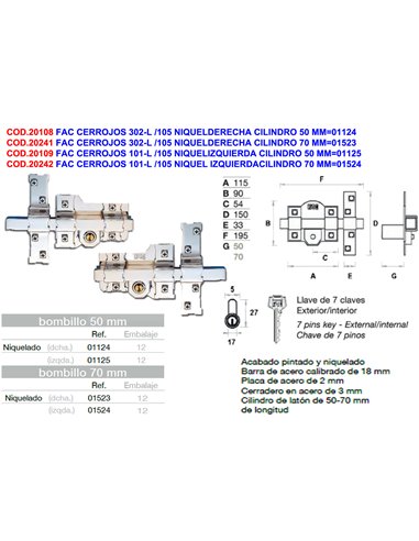 FAC CERROJOS 302-L / 115 NIQUEL IZQUIERDA CILINDRO 70 MM01524