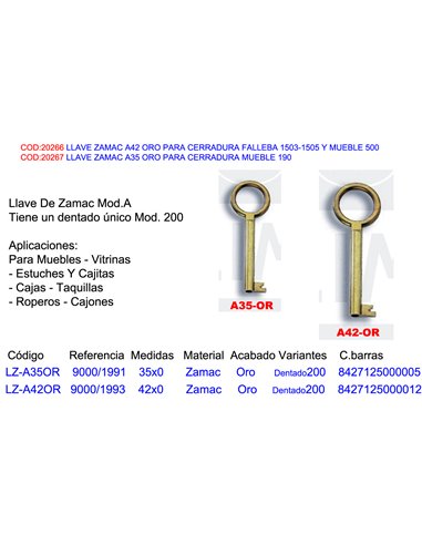 LLAVE ZAMAC A42 ORO PARA CERRADURA FALLEBA 1503-1505-MUEBLE 500