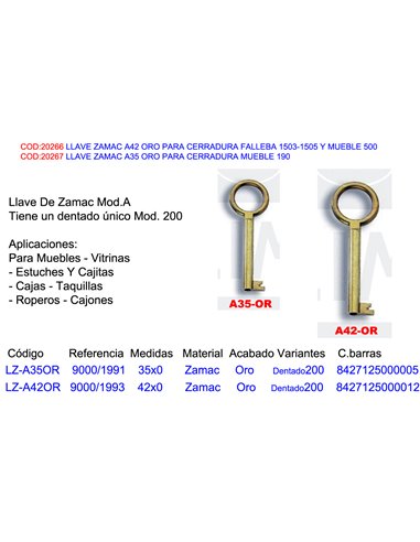 LLAVE ZAMAC A35 ORO PARA CERRADURA MUEBLE 190