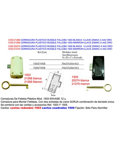 CERRADURA MUEBLE FALLEBA 1505 BLANCA+LLAVE ZAMAC A42 ORO