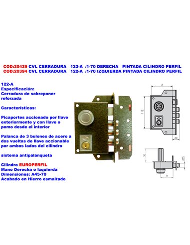 CVL CERRADURA   122-A  /1-70 IZQUIERDA PINTADA CILINDRO PERFIL 