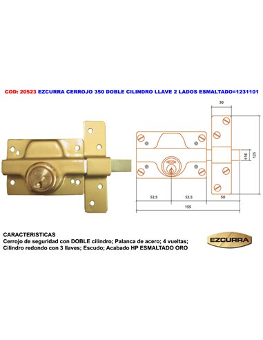 EZCURRA CERROJO 350 DOBLE CILINDRO LLAVE 2 LADOS ESMALTA1231101