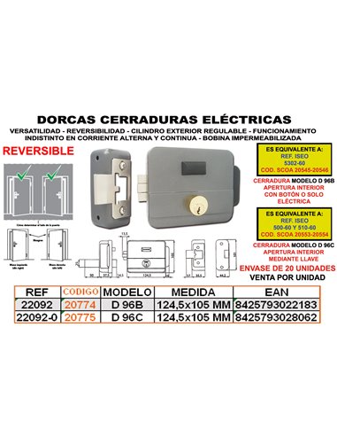 DORCAS CERRADURA ELECTRICA REVERSIBLE D96/B CILINDRO+BOTON22092