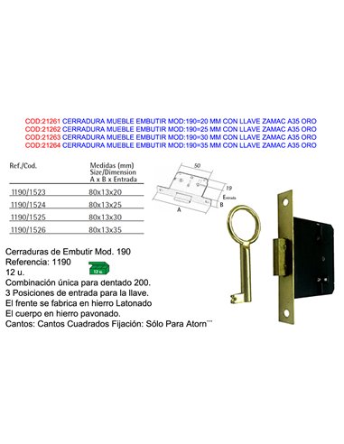 CERRADURA MUEBLE EMBUTIR MOD:19020 MM CON LLAVE ZAMAC A35 ORO