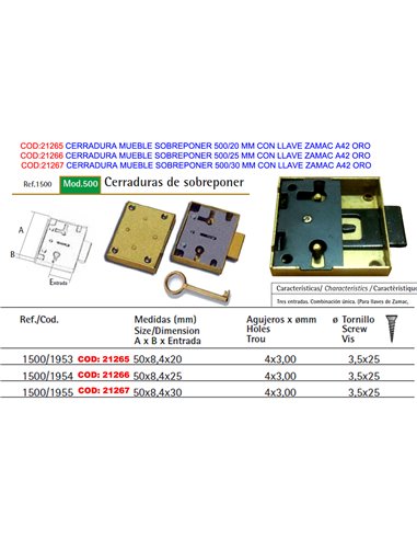 CERRADURA MUEBLE SOBREPONER 500/20 MM+LLAVE ZAMAC A42 ORO