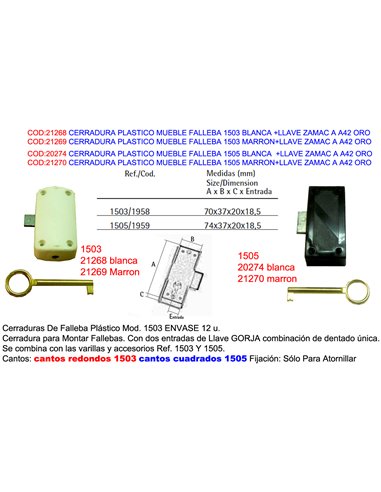 CERRADURA MUEBLE FALLEBA 1503 BLANCA+LLAVE ZAMAC A42 ORO