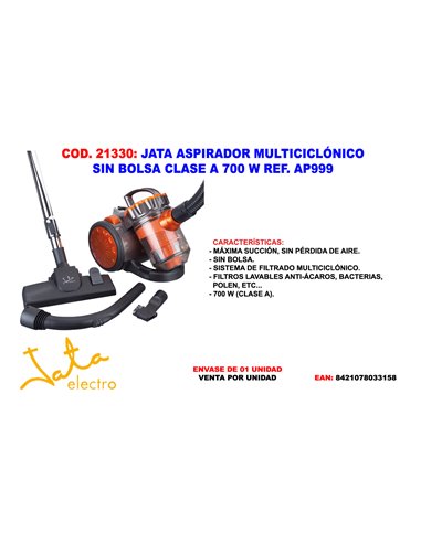 JATA ASPIRADOR MULTICICLONICO SIN BOLSA CLASE A 700 W AP999