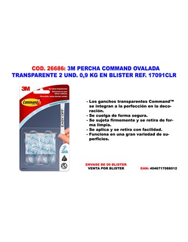 3M PERCHA COMMAND OVALADA TRANSPARENTE 2 UND. 0,9 KG 17091CLR