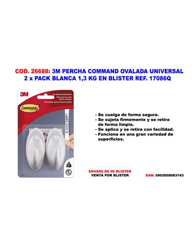 3M PERCHA COMMAND OVAL  UNIVERSAL BLAN 2 GANCHOS  1.3 KG 17081