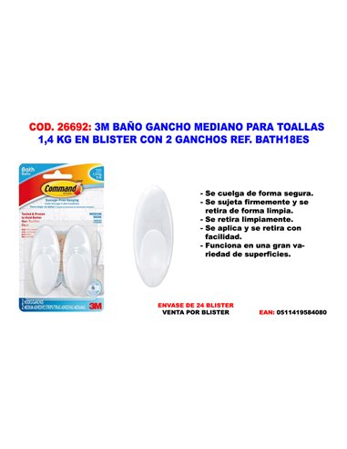 3M BA�O GANCHO MEDIANO PARA TOALLAS 1,4 KG  2 GANCHOS BATH18ES