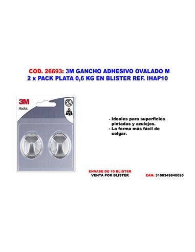 3M GANCHO ADHESIVO OVALADO M 2  X PACK PLATA 0,6 KG IHAP10