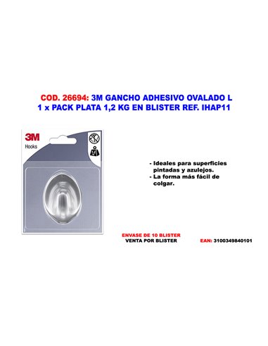 3M GANCHO ADHESIVO OVALADO L 1  X PACK PLATA 1,2 KG IHAP11