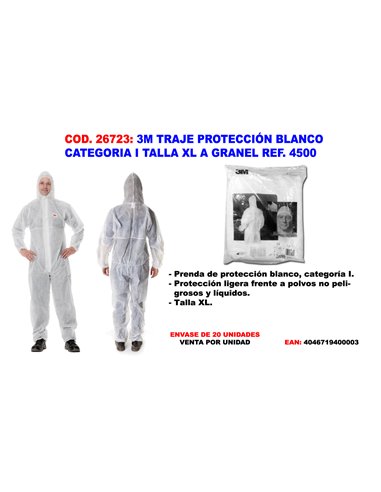 3M TRAJE PROTECCION BLANCO CATEGORIA I TALLA XL REF. 4500