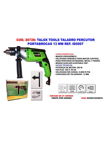 TALOX TOOLS TALADRO PERCUTOR 550 W PORTABROCAS 13 MM ID5007