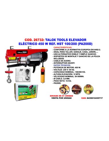 TALOX POLIPASTO ELEVADOR ELECTRICO 450 W HST 100/200 KG (PA200D)