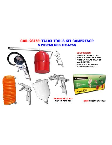 TALOX TOOLS KIT COMPRESOR 5 PIEZAS HT-AT5V